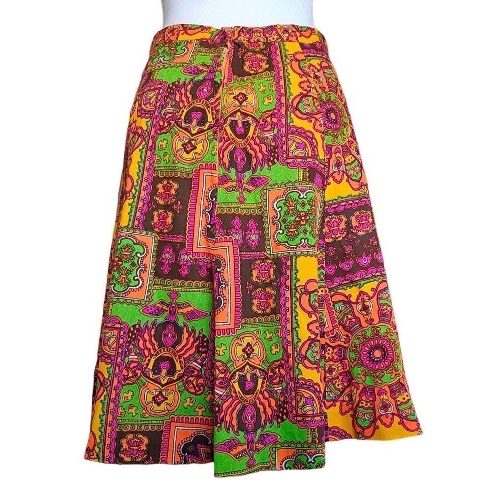 60s Retro Psychedelic Neon Orange Flare Skirt Size Small 4 6 Knee Length Bright